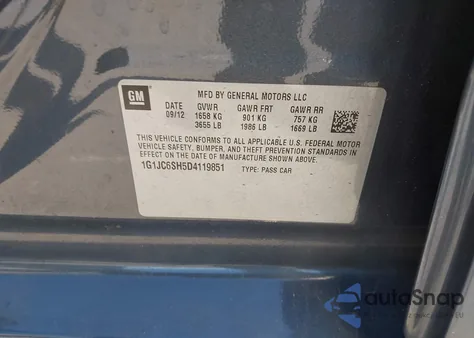 2013 Chevrolet Sonic Lt Auto z USA, uszkodzony, nr VIN 1G1JC6SH5D4119851